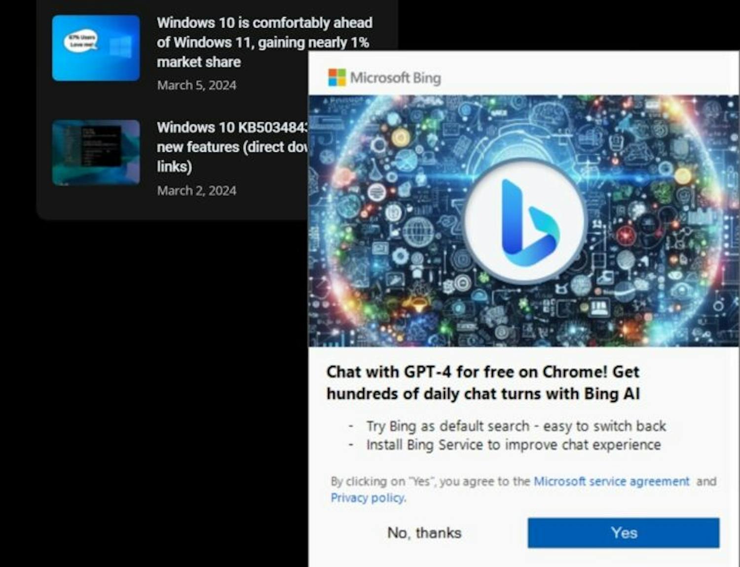 Lokkemiddel: I det lille vindue, der vises i nederste højre hjørne af skærmen, lokker Microsoft med den kunstige intelligens Chat GPT-4. Klikker du på "Yes", skifter du søgemaskine i Chrome til Bing.